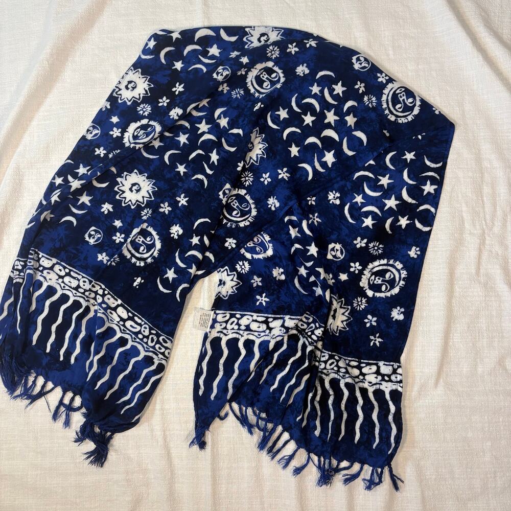 Vintage Pineapple Moon Celestial Sun Moon Stars Scarf Blue Fringe Boho Shawl